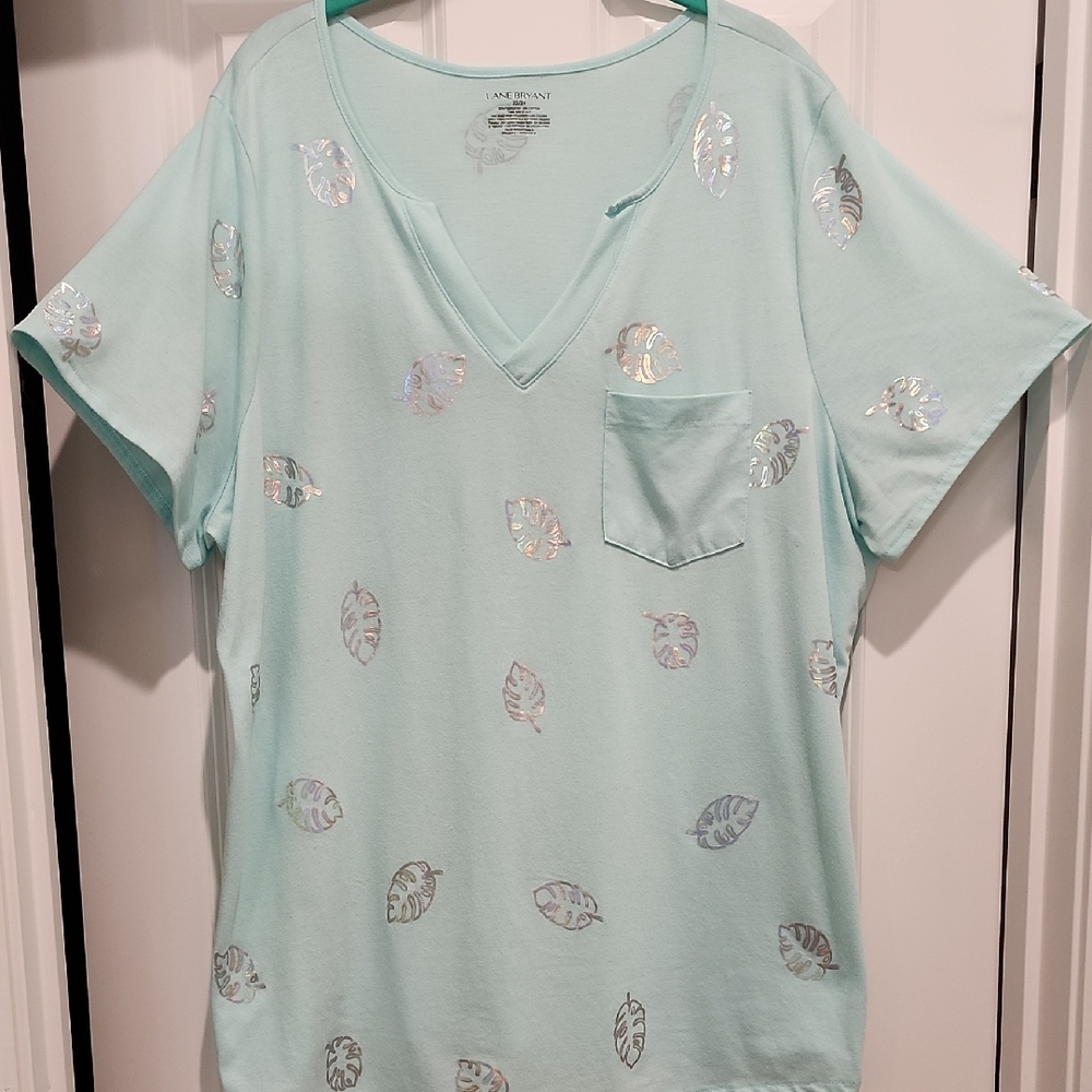 Lane Bryant Light Aqua Blue Shimmering Leaf Accents Tee Shirt 3x (22/24)
